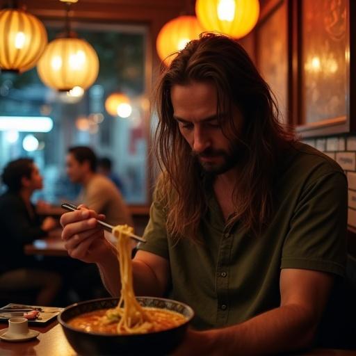 Portrait of a man with long hair sitting in a noodle shop at night. The man enjoys ramen in warm light. He holds chopsticks with comfort in a casual shirt. Atmosphere is cozy with jazz music and soft chatter. Warm lanterns create shadows and intimacy.