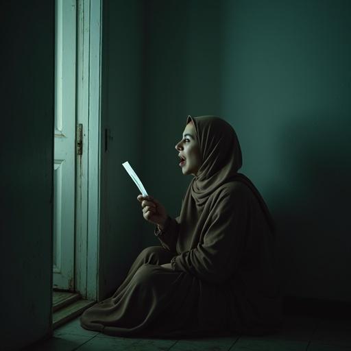 A woman sits in a dim corner of a room. She holds a small piece of paper in her hands. Excitement can be seen in her posture. The room appears haunted with dark shadows and an eerie door in the background.