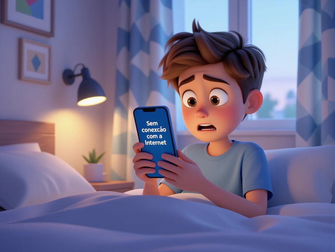 A young boy sits upright in bed. He holds a smartphone tightly. The phone screen shows a message in Portuguese. Soft morning light enters the room. Geometric curtains are visible. The bedroom is modern and vibrant. The boy expresses confusion and frustration. The camera angle captures the scene from behind him. Gentle motion blur enhances the emotional aspect.