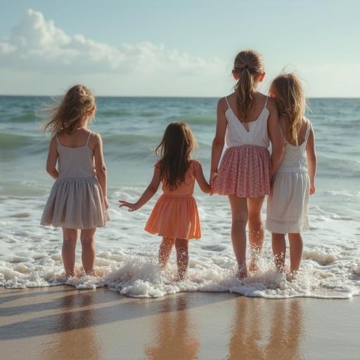 Four little girls play at the beach. They stand in shallow water. The sun shines brightly. Waves splash at their feet. They wear colorful dresses. The mood is joyful and carefree. The scene captures childhood moments at the shore.