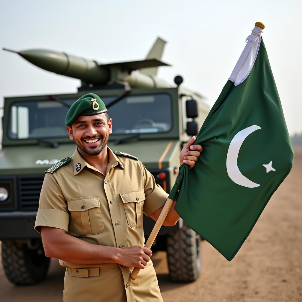 A proud Pakistani soldier smiling while holding the national flag, standing in front of a military vehicle.