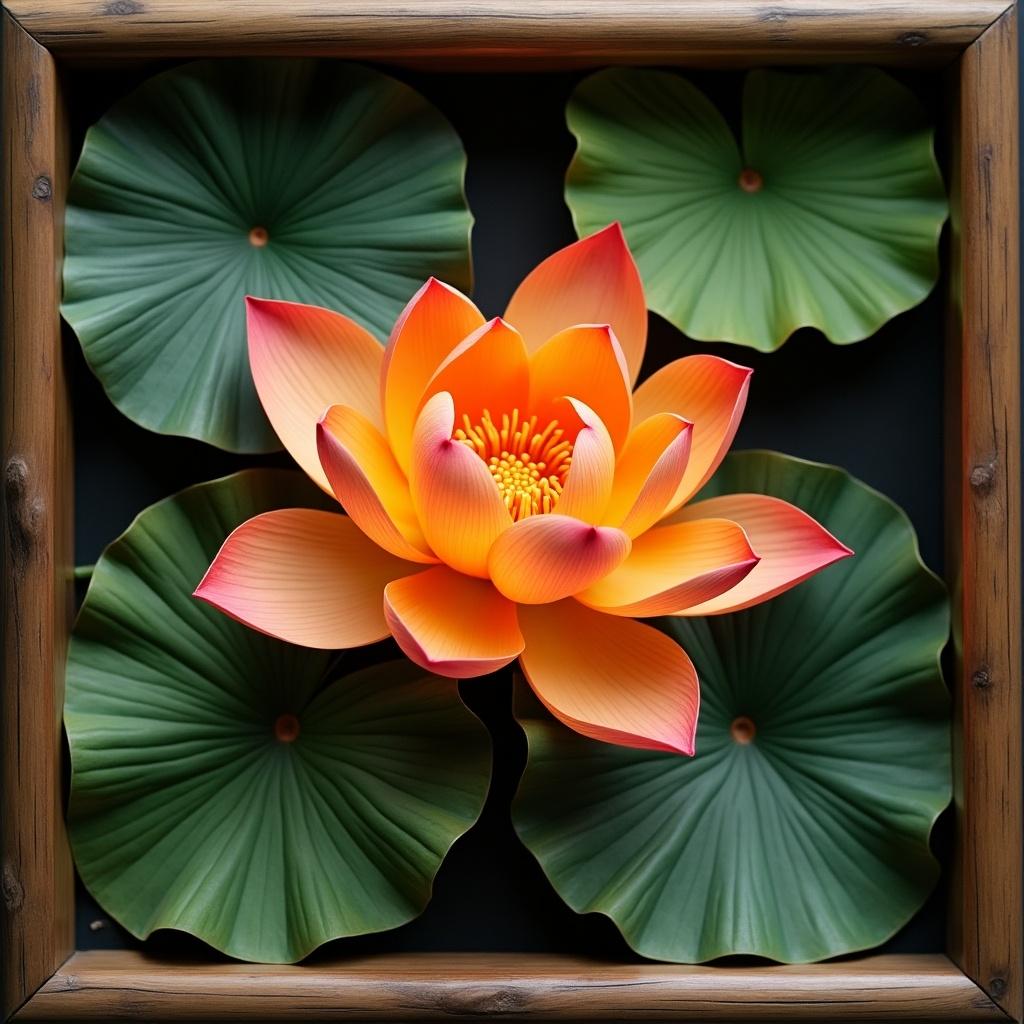 3x5 frame displays an orange lotus flower. Green leaves surround the edges. Frame appears dark brown and has white gold accents.