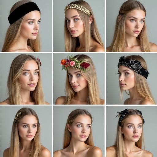 Grid of 9 images with one model showing different hairstyles and hair accessories. Model has long blonde hair and green eyes. Each image displays one unique accessory against a neutral background. Accessories include a velvet headband, gold hair chain, floral crown, and more. Soft lighting highlights textures.