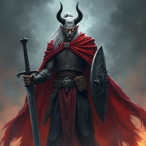 Tall male tiefling stands confidently holding a black longsword and shield. Ash-gray skin and amber eyes reflect strength. Long silver hair in high ponytail. Wears chainmail shirt and red cloak. Dramatic background enhances figure's presence. Comic-realism style with bold outlines and cel-shading.