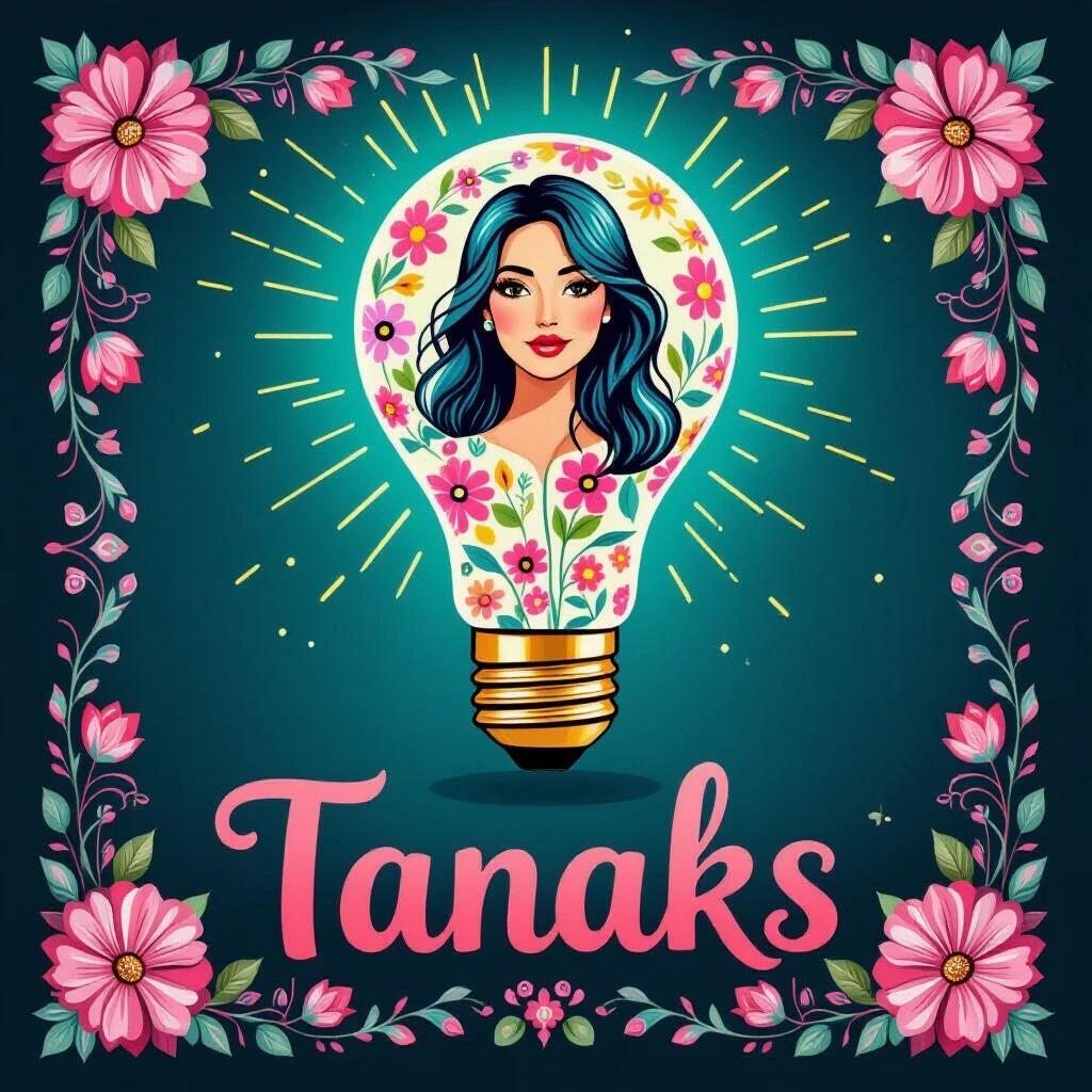 Tanaj Thanks. Hybrid light bulb with colorful floral motifs. Central focus on woman. Bright pink turquoise and green colors. Artwork in Adda Barrios style. Decorative text included.
