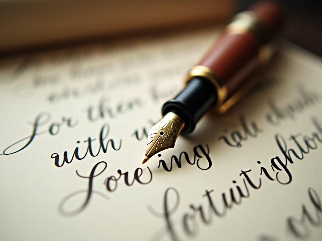 The image provides a close-up view of a beautiful fountain pen with an intricately designed nib. The pen is resting on a piece of handwritten paper that features elegant cursive text. The ink on the paper appears to be black and contrasts nicely with the light background. A soft focus effect creates a warm atmosphere around the writing surface. The overall composition emphasizes the art of writing and the nostalgia associated with using traditional writing instruments.