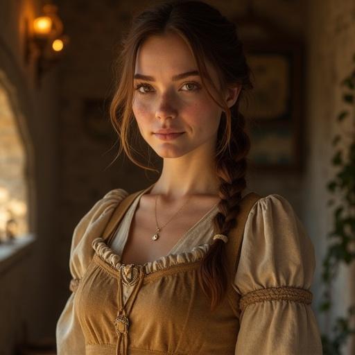 Beautiful young woman in a medieval fantasy setting. Soft rounded face with warm brown eyes. Slightly upturned nose and full lips smile gently. Smooth pale skin with natural glow and freckles. Chestnut brown hair loosely braided with soft strands framing her face. Modest linen dress in earthy tones with a simple apron. Inside a cozy rustic cottage lit by warm sunlight. Scene feels warm, serene, inviting.
