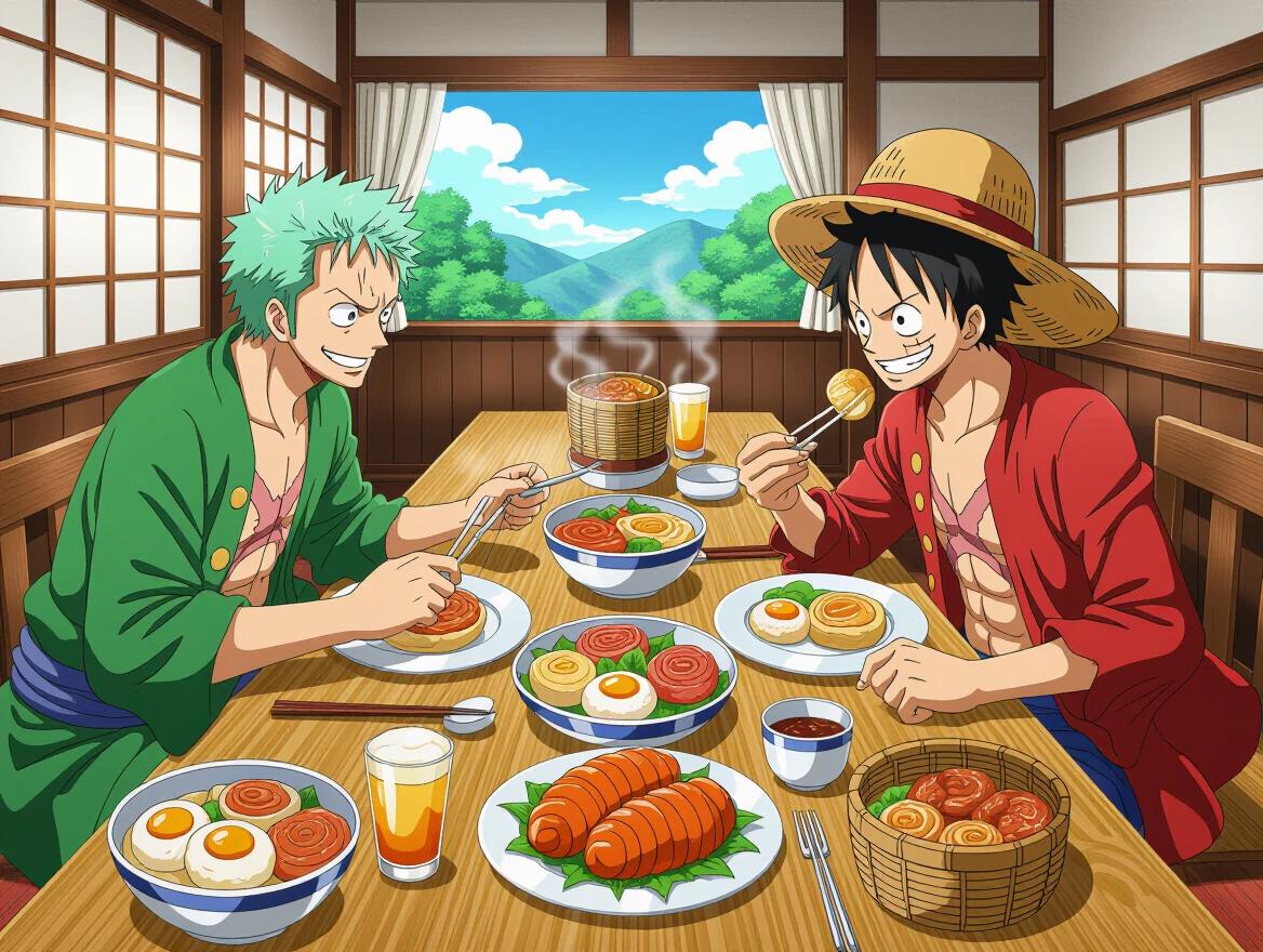 Luffy and Zoro sit at a wooden table in a traditional Japanese room. They enjoy a feast of sushi and noodles. Each has chopsticks and drinks. The background shows a beautiful landscape with mountains and blue sky. Both characters are smiling and appear happy while eating.