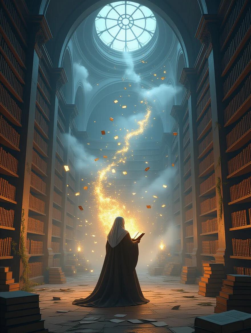 A vast abandoned library is depicted. Bookshelves stretch high into darkness. An elderly woman reads in flowing robes. Candlelight casts soft light. Floating books glow like fireflies. Golden light particles swirl around her. Roots and vines reclaim the library. Evocative of romantic and magical styles. Atmospheric perspective with volumetric lighting.