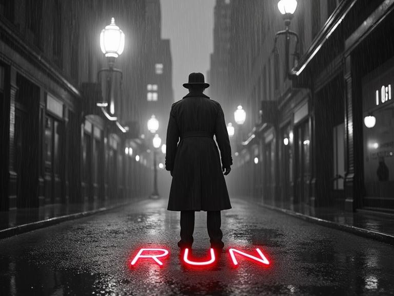 Masterpiece 3D layered art featuring a detective in a trench coat. Scene depicts torrential rain in 1930s Chicago. The setting includes a dead showgirl, blood spelling 'RUN', and neon reflections saying 'Guilty'. The perspective is Dutch angle with strong shadows.