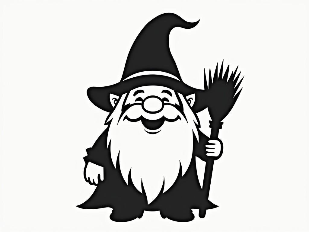 This image features a playful gnome character dressed in a witch's costume, complete with a tall, pointed hat and a broom. The gnome has a big, friendly smile, long beard, and is standing proudly. The design is in a simple black silhouette style, making it suitable for a stencil. It would be easy to cut out and use for decorating a jack-o'-lantern. Ideal for Halloween crafts and decorations, this image captures the fun spirit of the holiday.