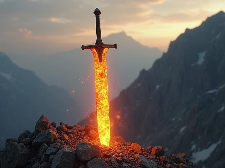 Fiery-looking sword appears made of glass. Sword emerges from rocky mountainside. Handle located at the top of the sword. Ground beneath the sword glows with bright light.