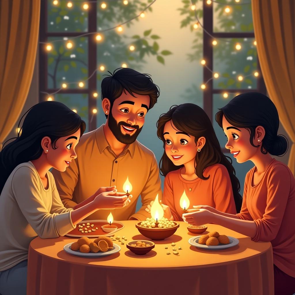 An illustration of a loving family at a table during a traditional ceremony. They light diyas representing hope. The warm ambiance highlights joyful expressions as they prepare for the prasad ceremony. The table has festive sweets and snacks. Soft lights and decorations create a cozy, intimate setting.