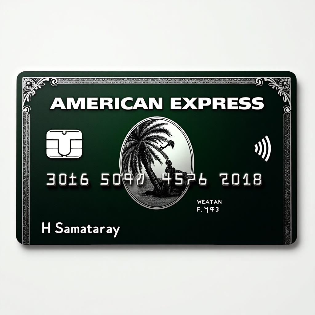 A huge black and platinum American Express credit card with green background. H Samantaray name is printed at the left hand side down corner.