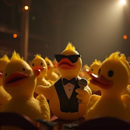 Image displays a dimly lit theater filled with yellow rubber ducks as audience members. On stage, a humanoid duck in a tuxedo and sunglasses sings into a microphone. The viewpoint shows both the duck and the audience clearly from the stage side.