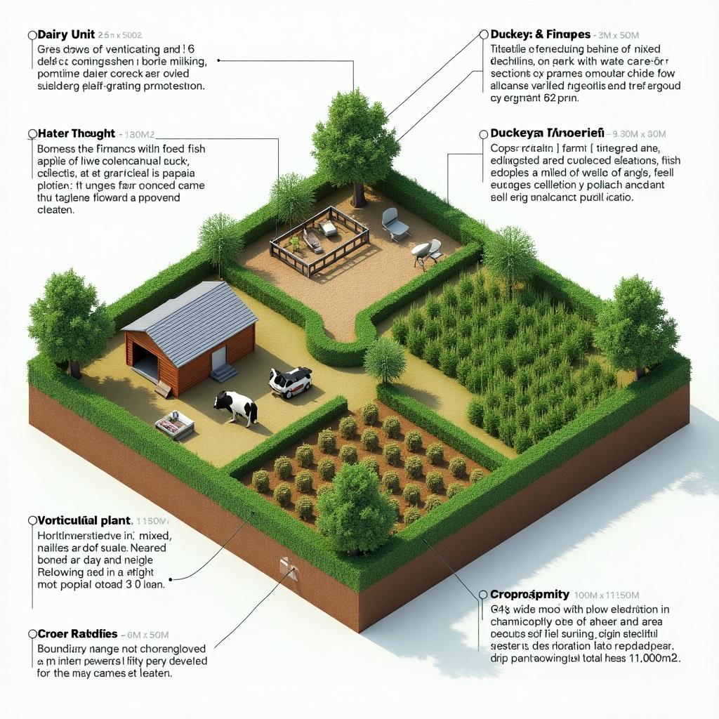 Farm model shows a dairy unit with 5 cows and dimensions 20m x 25m. Duckery and fisheries pond area 30m x 40m. Horticultural planting features mixed fruit trees with boundary planting around 1280m². Crop production covers 60m x 100m with intercropping and solar-powered drip irrigation. Pathways serve for movement and pest management.