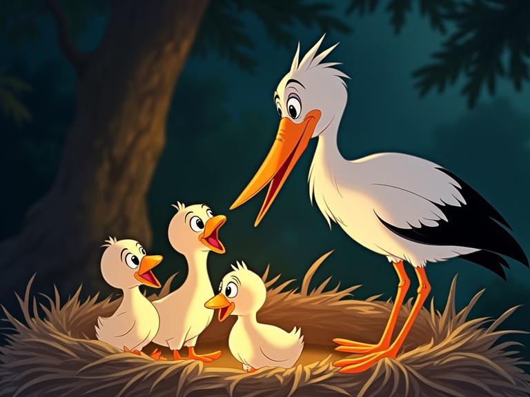 Disney cartoon scene featuring a stork feeding hungry chicks in their nest