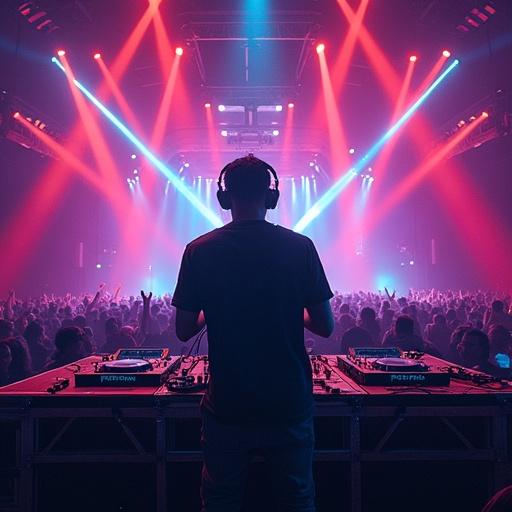Vibrant EDM concert scene featuring DJ with equipment and colorful laser lights for album cover.