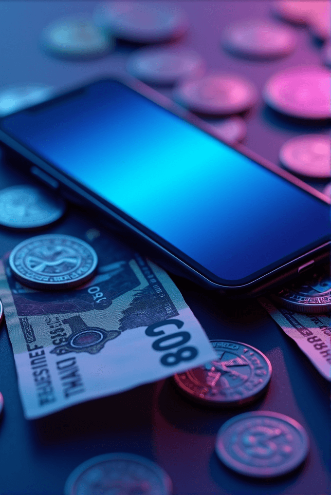 A smartphone lies atop various currency coins and a banknote under a vibrant blue and pink light.