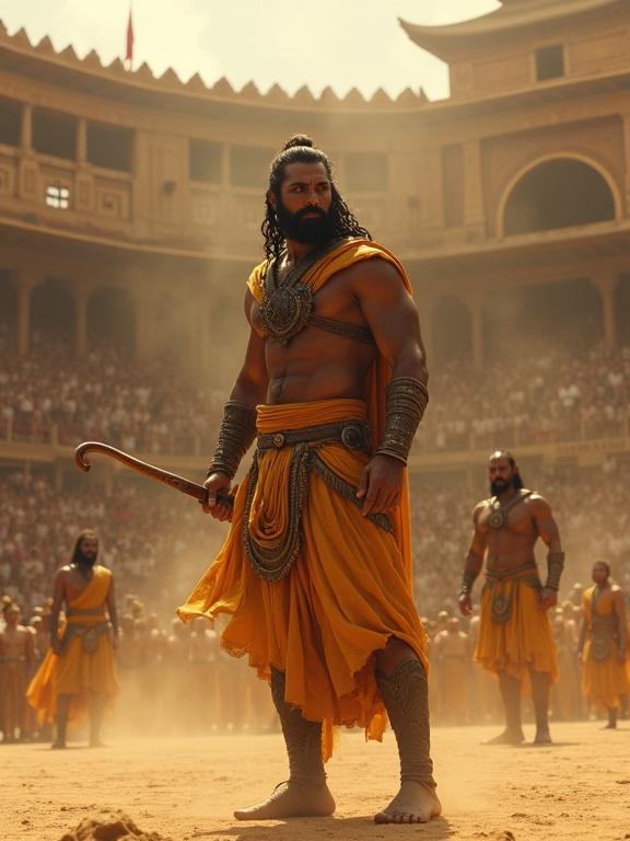 A powerful warrior stands tall in the center of an ancient martial arena. In the background, an observer watches with tension. A teacher watches with a curious expression from his seat. The atmosphere is charged with anticipation. The warrior holds his bow confidently with courage and purpose. Some spectators lean forward. The air feels heavy with challenge.