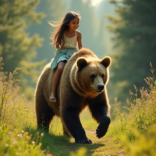 A large adult bear walks in a sunlit forest with a girl on its back and a cub nearby. The scene shows lush green vegetation and sunlight through the trees.