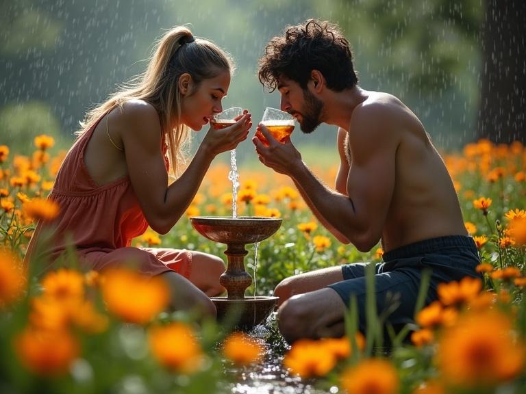 People drinking rainwater from chalices that blossom into flowers in a field of orange flowers with soft natural light