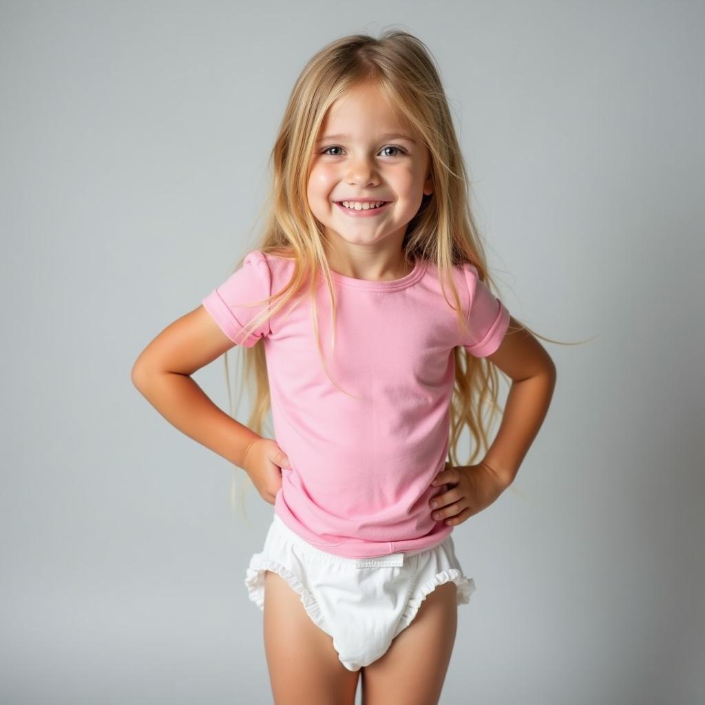 This image features a seven-year-old girl with long blonde hair wearing a fitted pink t-shirt and a white diaper. The soft gray background emphasizes her youthful innocence. She poses relaxed, with one hand on her hip, radiating confidence. The soft lighting creates a warm and inviting atmosphere. This scene captures a typical moment in early childhood, highlighting comfort and playfulness. Overall, it represents adorable toddler fashion in a casual home setting.