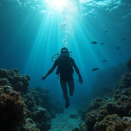Ultra-realistic scuba diver exploring a coral reef underwater. Cinematic lighting creates sunrays piercing through water. 8K resolution wide-angle shot. Ocean floor filled with corals and bubbles.
