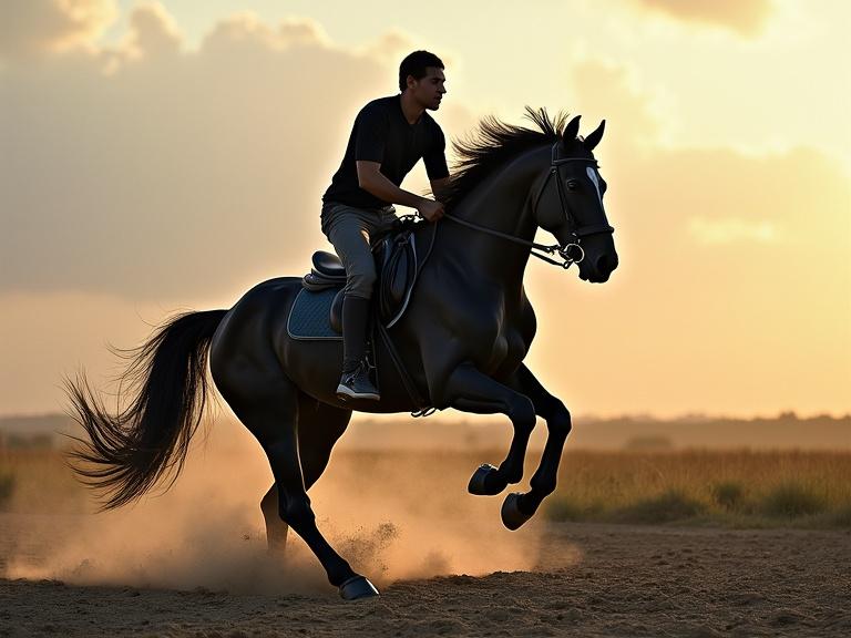 Black horse jumping with rider at sunset. Dust rises from the ground. Dramatic view captures motion and grace.