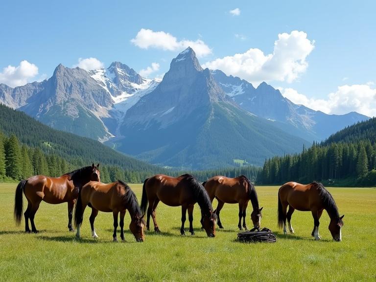 Photograph captures a serene landscape with a group of seven brown horses grazing in a grassy meadow. Snow-capped mountains rise in the background under a clear blue sky dotted with some white clouds. Green trees line the horizon. Bright sunlight illuminates the scene during daytime, creating a peaceful and calm atmosphere. The image features wide open space with horses in various positions including some standing and others bending down to eat. One horse is near a small dark object on the ground. The mountain range has jagged peaks and lush greenery enhances the detailed textures of grass and trees. The picture is crisp, clear, and realistic with vibrant colors.