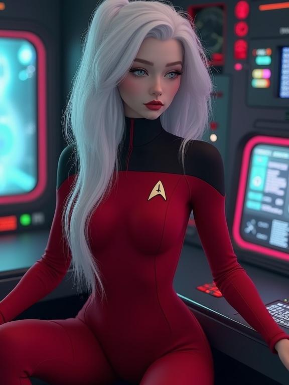 Female character in a futuristic space environment. She has long white hair styled neatly. Dressed in a tight-fitting red bodysuit with black shoulders featuring a Starfleet logo. The scene shows her seated at a holographic combat console inside a spaceship bridge designed with vibrant RGB lights.