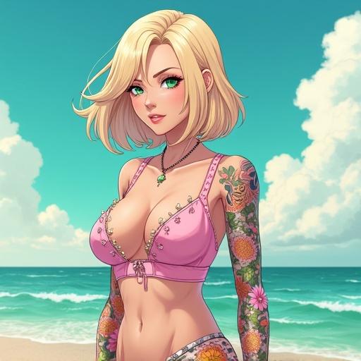 Anime character illustration of a woman in a pink bikini at the beach. She has emerald green eyes, light blonde bob haircut, and colorful tattoos. Features include muscular arms, six-pack abs, wearing light pink diamond jewelry, and displaying a cybernetic leg. The setting suggests morning with vibrant colors and a bright atmosphere.