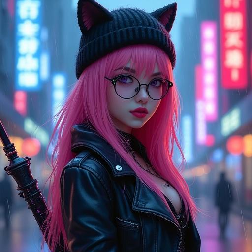 Female warrior with pink hair and black winter hat with cat ears. Wearing a leather jacket, gothic boots, and fishnets. In a cyberpunk cityscape with neon signs. Cute face and round glasses. Hands with black nails and red lipstick. Full body visible with blue and purple glowing glaive. Character is realistic and rain makes atmosphere immersive.