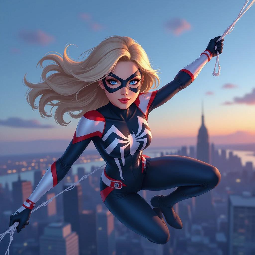 Stylish superhero character in dynamic pose in a city. Northerner with flowing blonde hair in a Spider-Woman costume. Posing mid-air while swinging through city skyline at dusk. Semi-realistic anime style with high detail.