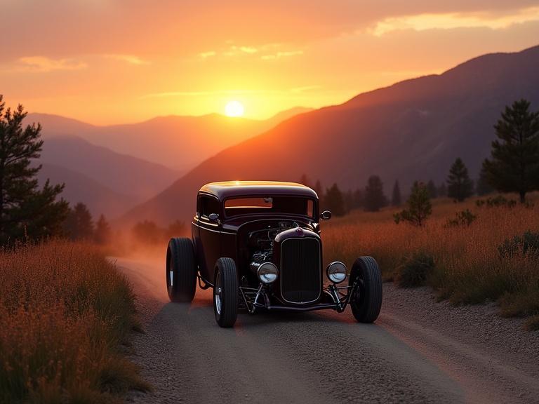 Gothic 1932 Hotrod Coupe on a dirt road in a mountain pass during a warm summer sunset.