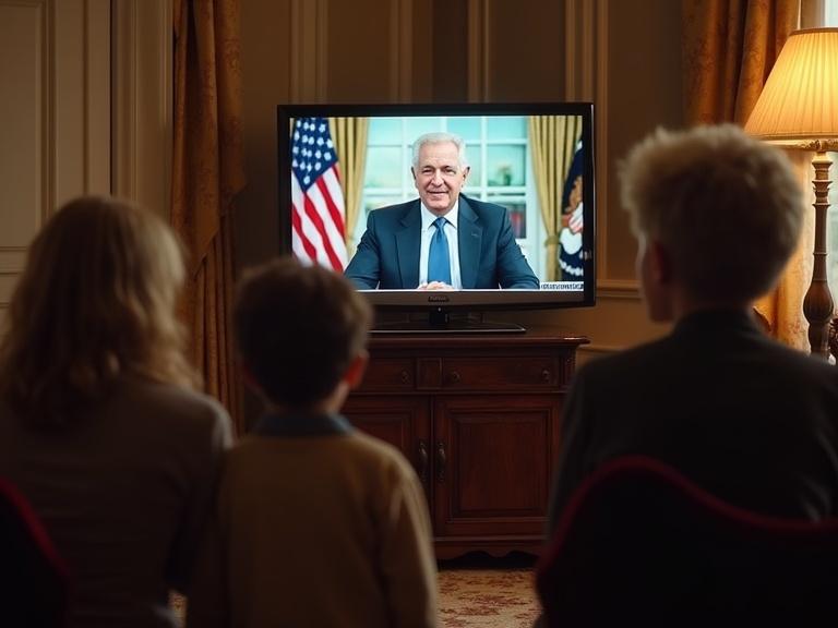 At a family reception, parents and children watch an old television showing a US President. The TV displays the Oval Office interior and presidential desk. The family observes thoughtfully.