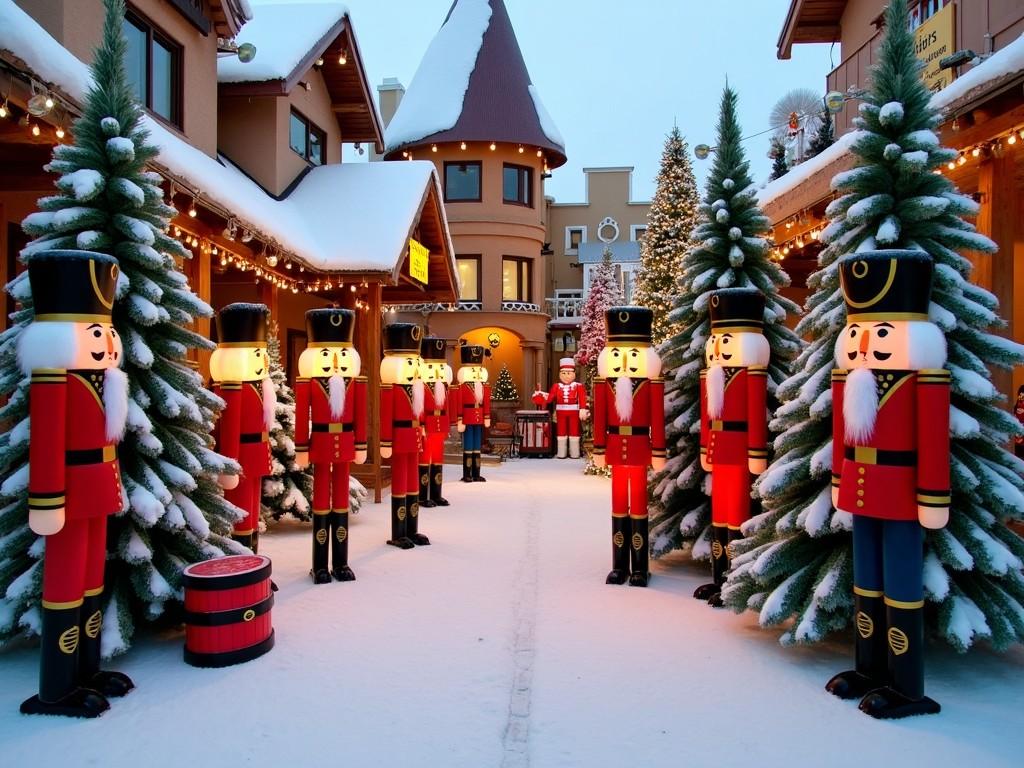 The scene captures a picturesque winter village adorned with festive nutcracker figures. Rows of giant nutcrackers stand tall among snow-covered pathways and decorated trees. The atmosphere evokes a sense of holiday cheer and anticipation. Warm lights twinkle against the white snow, adding a magical touch. This charming setting is ideal for celebrating the joys of the season.