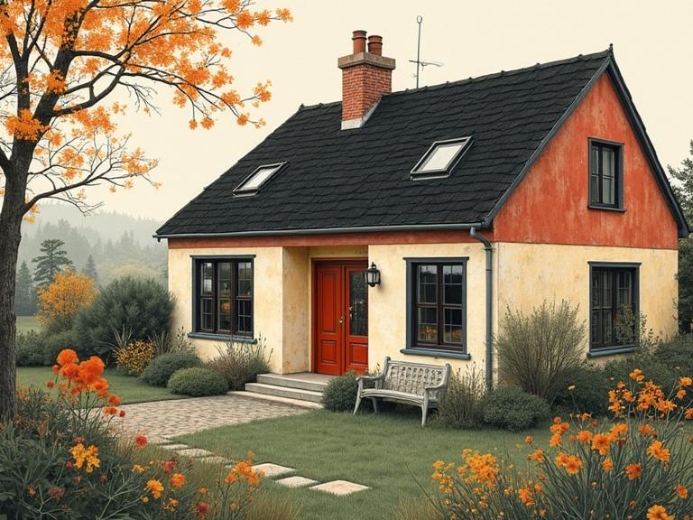 An English cottage with a red door and orange flowering plants surrounded by well-manicured gardens. The setting features soft lighting and autumn hues, capturing a warm and inviting atmosphere.