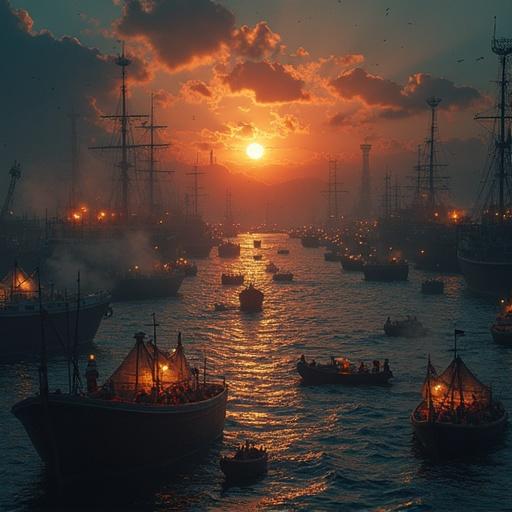A harbor scene during sunset with numerous ships navigating the water. The sky is filled with clouds and a warm glow from the setting sun. Boats of different sizes are scattered throughout the port. A sense of community is highlighted as people gather on the boats. There are silhouettes of structures in the background with lights reflecting on the water.