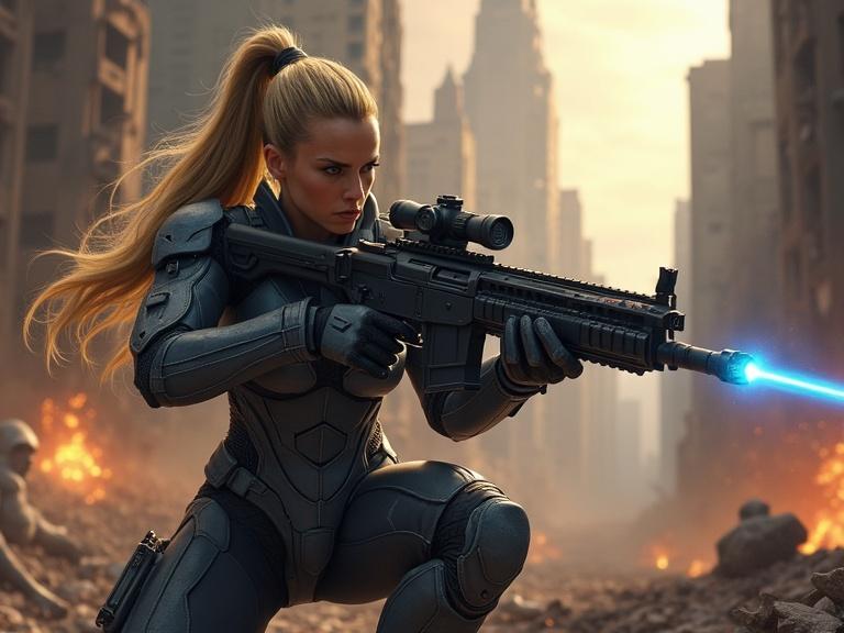 A hyperrealistic depiction of a fictional female character in a ruined city. She has long golden blonde hair in a high ponytail and intense blue eyes. The character aims a tactical rifle with glowing accents, wearing a dark grey bodysuit. The scene portrays a city in ruins with crumbling buildings and explosions. The mood conveys action and determination.