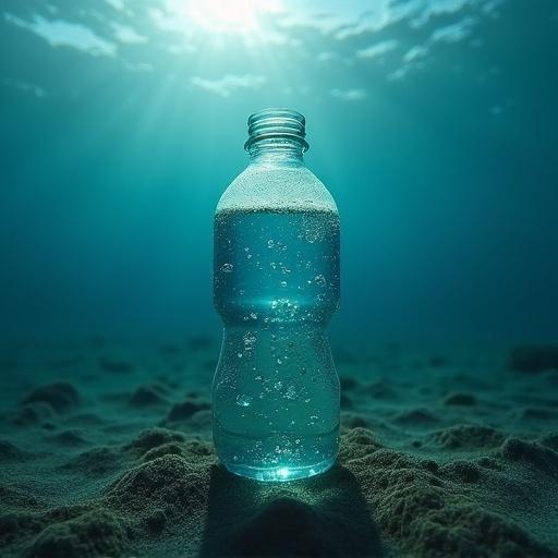 A plastic bottle rests at the ocean floor. The bottle contains clear water with air bubbles. Light rays shine through the surface of the water illuminating the surroundings. The scene emphasizes the bottle against the sandy sea bed.
