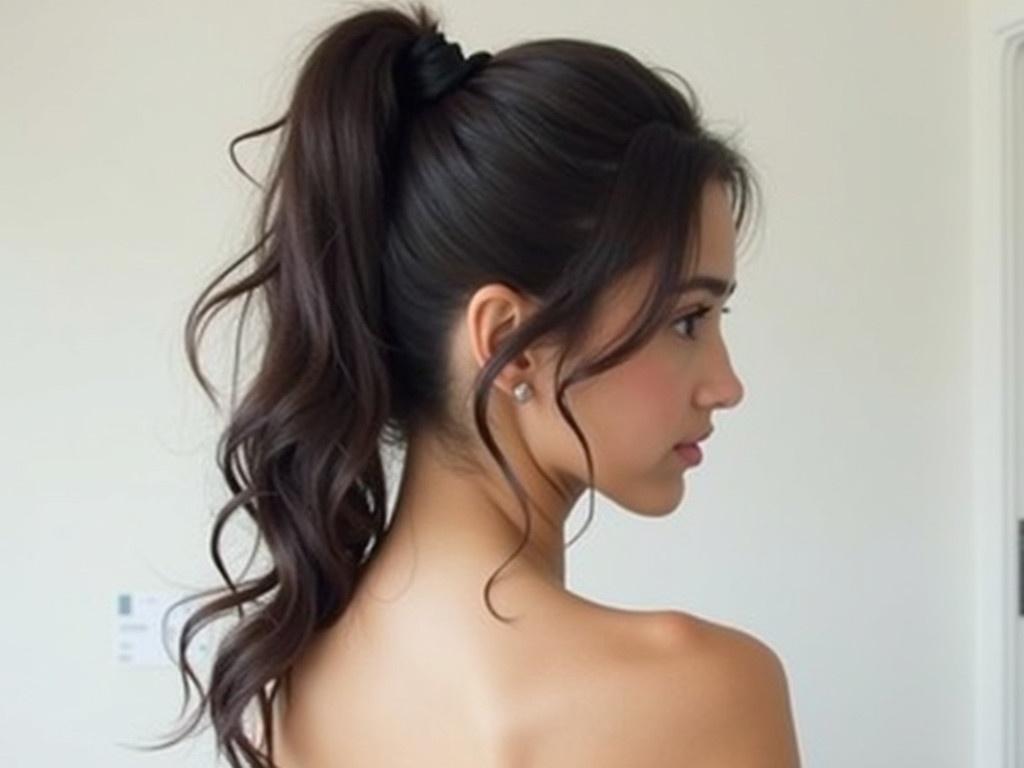 The image features a young woman with dark, wavy hair styled in a casual ponytail. She is facing slightly to the side, giving a profile view of her neck and shoulder. Her outfit appears simple and elegant, with a soft, light color that complements her skin tone. The background is neutral and minimalistic, enhancing her presence in the image. Overall, the photograph captures a sense of calm and beauty, focusing on her hairstyle and attire.