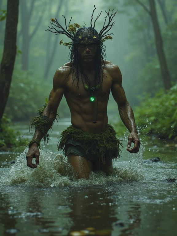 A primordial prince rises from a murky swamp. Skin covered in moss and mud. Adorned with organic jewelry, twisted roots, and glowing fungi. Thick mist surrounds the scene. Eerie atmosphere reminiscent of vintage style photography with surreal light effects.