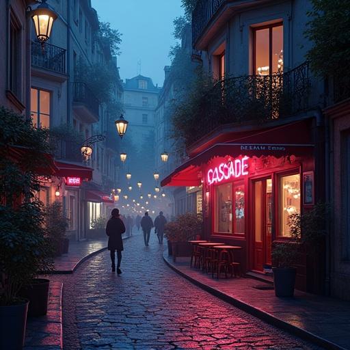 View of Montmartre streets filled with nightlife clubs. Bistro named 'CASCADE' with a blue sign. Vehicles on the road. People walking on sidewalks. 1998 atmosphere. Unreal Engine 5.6 style.