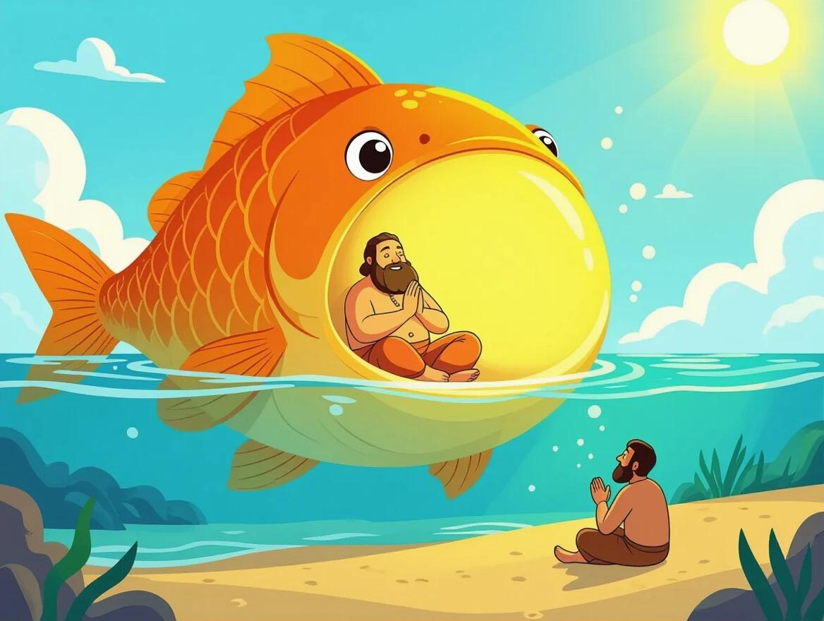 Giant fish with a big round belly swims in the ocean. Inside the fish, a bearded man sits peacefully with hands together. Soft golden light glows inside. Outside, the water is calm and clear.