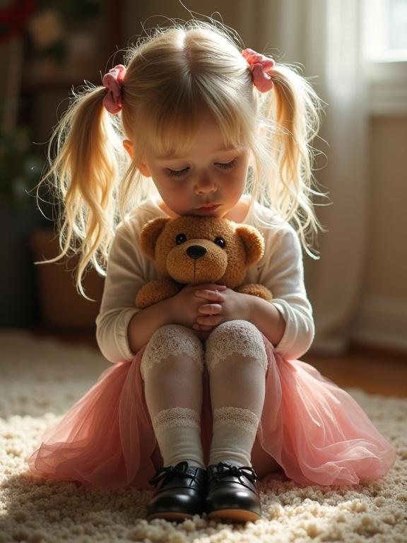 A gentle blonde girl with twin tails sits on a rug. She wears a snug white top and a pink skirt. Lacy socks and polished black shoes complete her outfit. She holds a teddy bear, looking bashful.