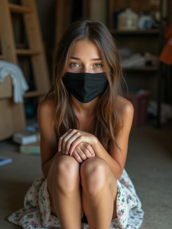 Photorealistic image of a beautiful teen girl with a small athletic body and long brown hair. She has tanned skin and green eyes. Wearing a white floral sundress, she sits on the floor of a cluttered storage room with a black mask covering her mouth. Arms are pressed behind her back, and she gazes at the viewer. The setting is softly lit, highlighting her features and creating an emotional atmosphere.