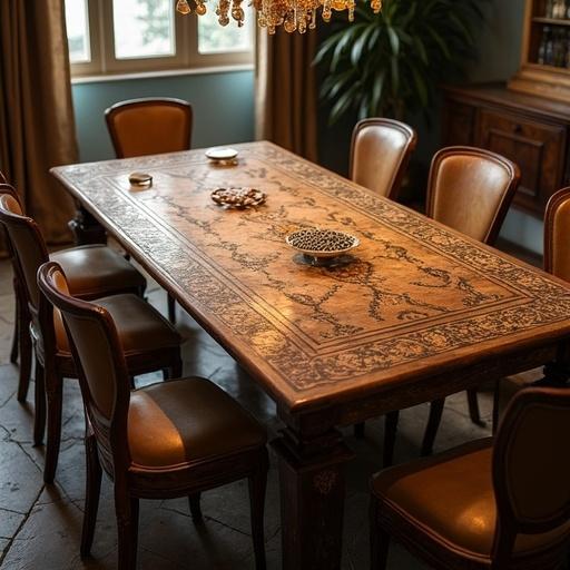 A beautifully designed wooden dining table with intricate carvings. The table is surrounded by elegant brown chairs. A few decorative items are placed on the table. Warm, natural light filters through the windows, illuminating the space. Indoor plants add a touch of greenery to the room.