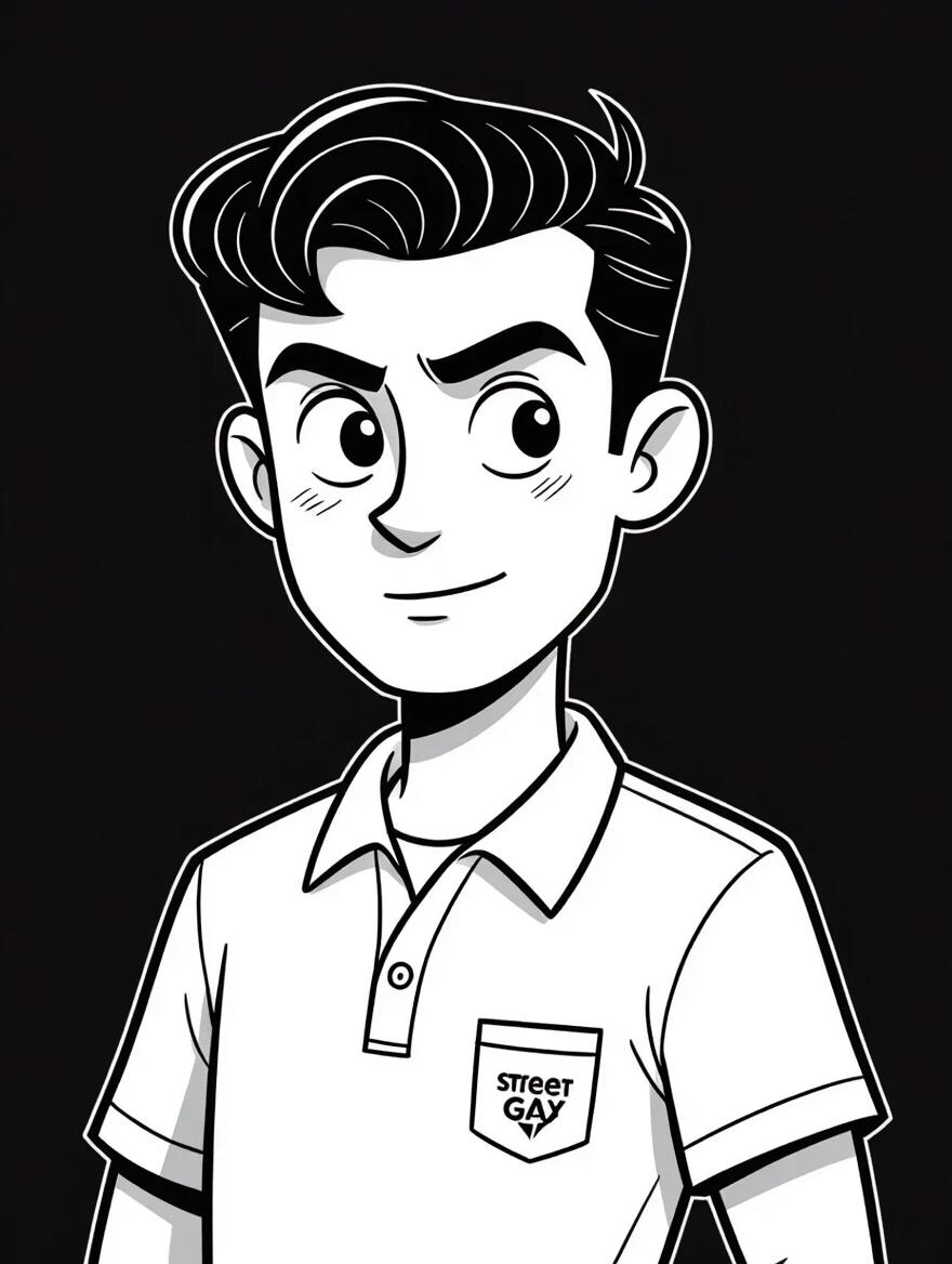25-year-old male character in 1930s vintage animation style. Hand-drawn 2D cartoon with thick black outlines. Exaggerated limbs and expressive pie-cut eyes. Serious expression, dynamic pose. Black and white line art only, flat shading. Wearing vintage streetwear with 'StreetGax' logo. White background.