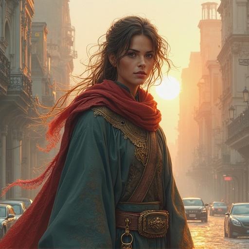 A woman stands in a bustling street wearing medieval attire with a scarf. The scene is bathed in a warm sunset light, with cars in the background creating a modern urban atmosphere.